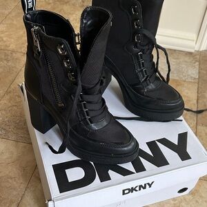 DKNY Black Lace-Up Chunky Heel Ankle Boots